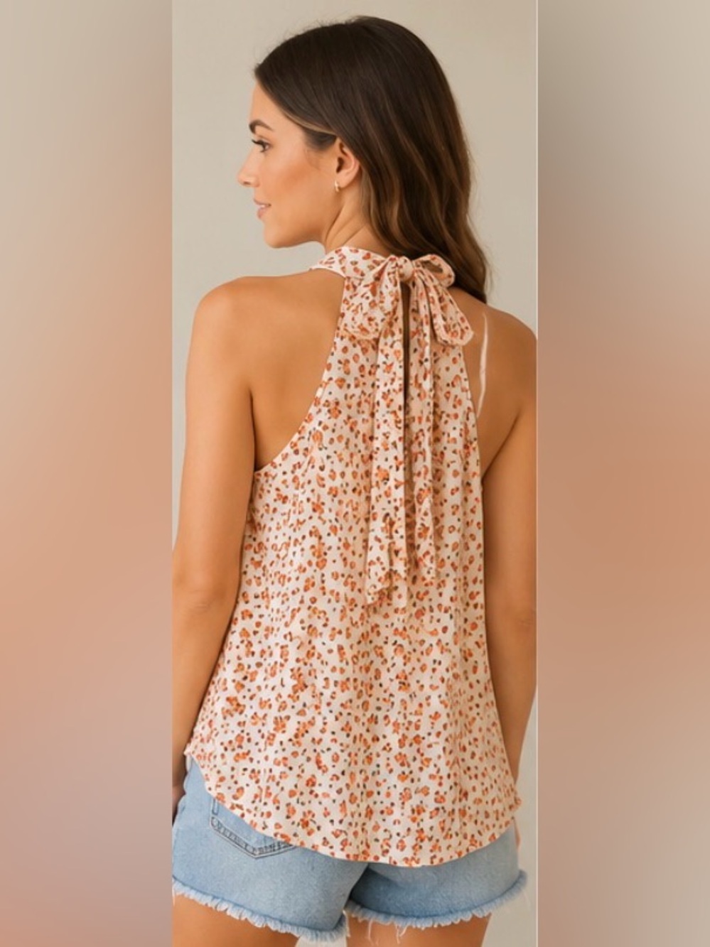 Altard State Floral Halter Tie Back Tank Top Orange Cream XS - Picture 2 of 8